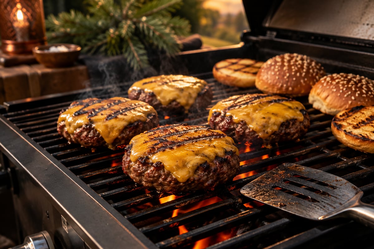 Dicke Rindfleisch-Patties mit schmelzendem Käse auf dem Rost des Gasgrills, daneben angeröstete Brötchen
