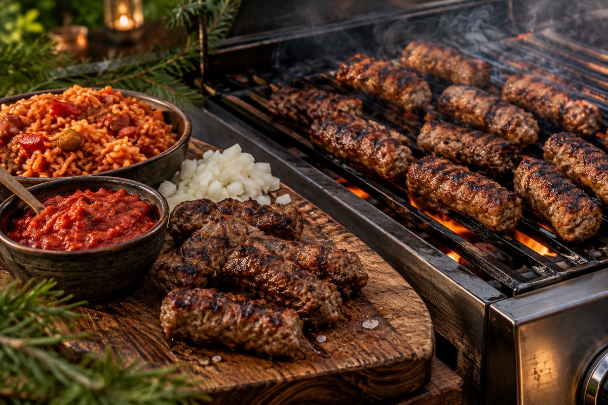 Gegrillte Cevapcici mit Röstaromen, daneben Ajvar, frische Zwiebeln und Djuvec-Reis