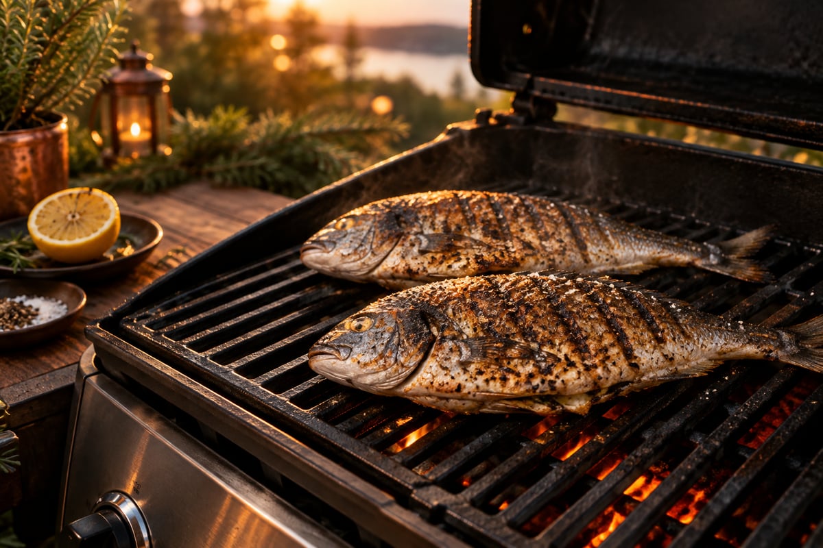 Zwei ganze Doraden mit Grillstreifen direkt auf dem Rost des Gasgrills, nur mit Salz und Pfeffer gewürzt