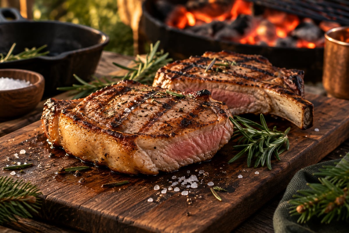 Zwei dicke gegrillte Schweinekoteletts mit saftigem Kern und knusprigem Fettrand
