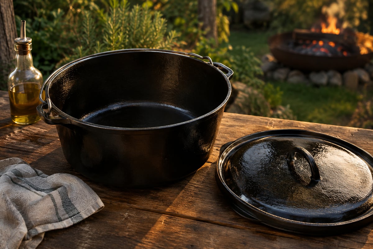 Frisch eingebrannter leerer Dutch Oven mit Deckel, daneben Öl und ein Tuch auf einer Werkbank