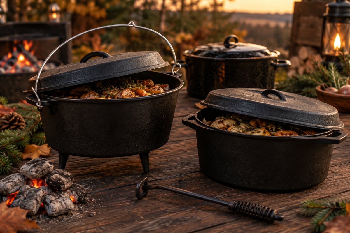 Zwei gusseiserne Dutch Oven, einer mit Füßen und einer mit planem Boden, dahinter ein emaillierter Topf