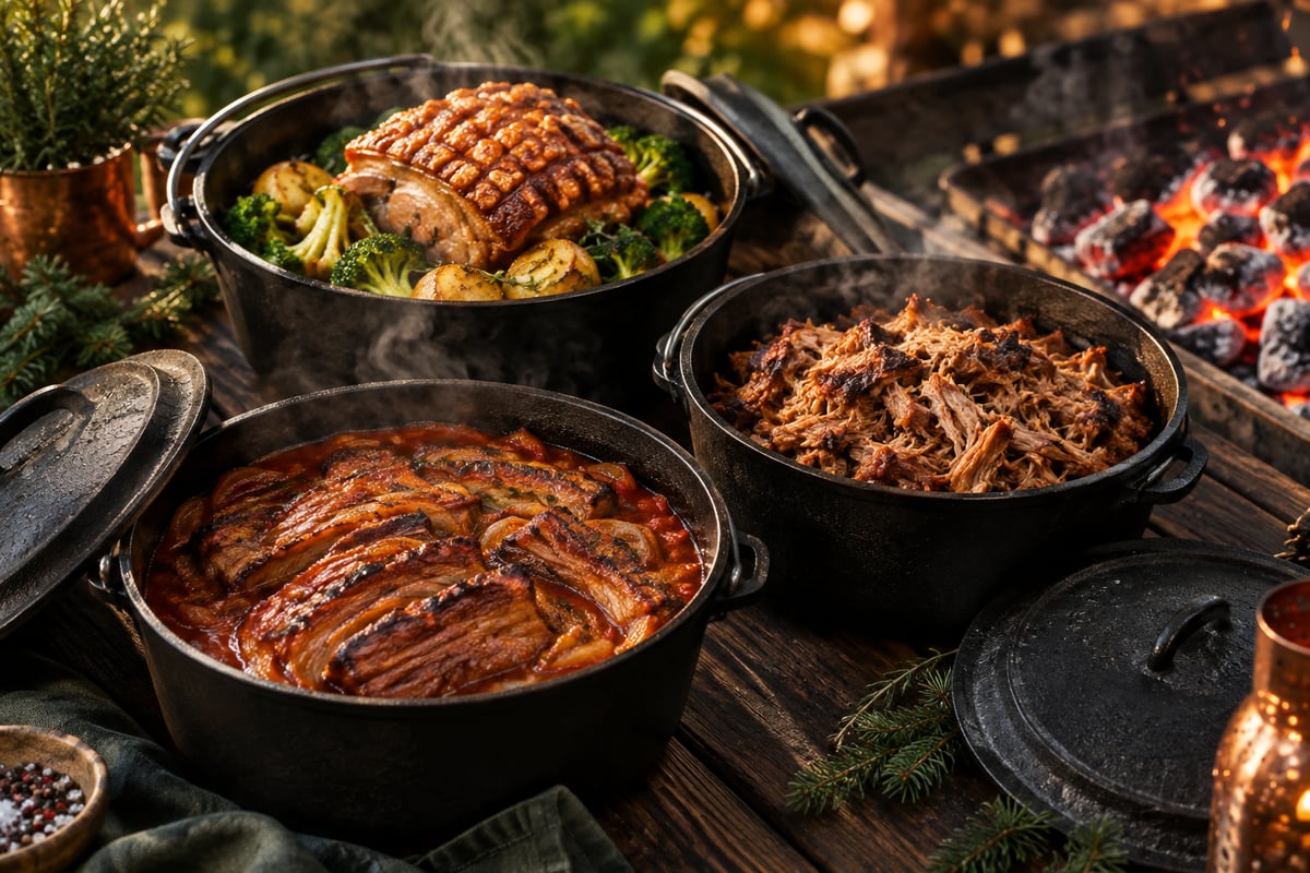 Drei Dutch Oven mit Schichtfleisch, Pulled Pork und Krustenbraten neben glühenden Briketts