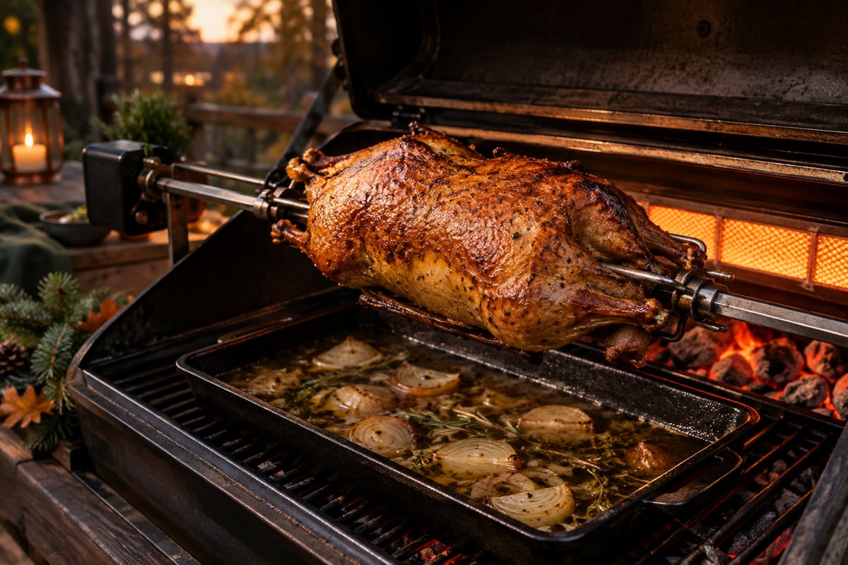 Ganze Ente mit knuspriger Haut am Drehspieß im Grill, darunter die Auffangschale