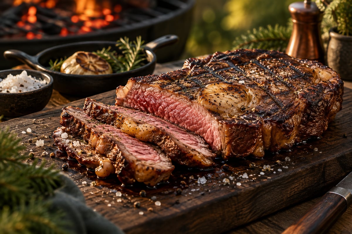 Gegrilltes Entrecôte mit Grillmuster, angeschnitten mit rosa Kern