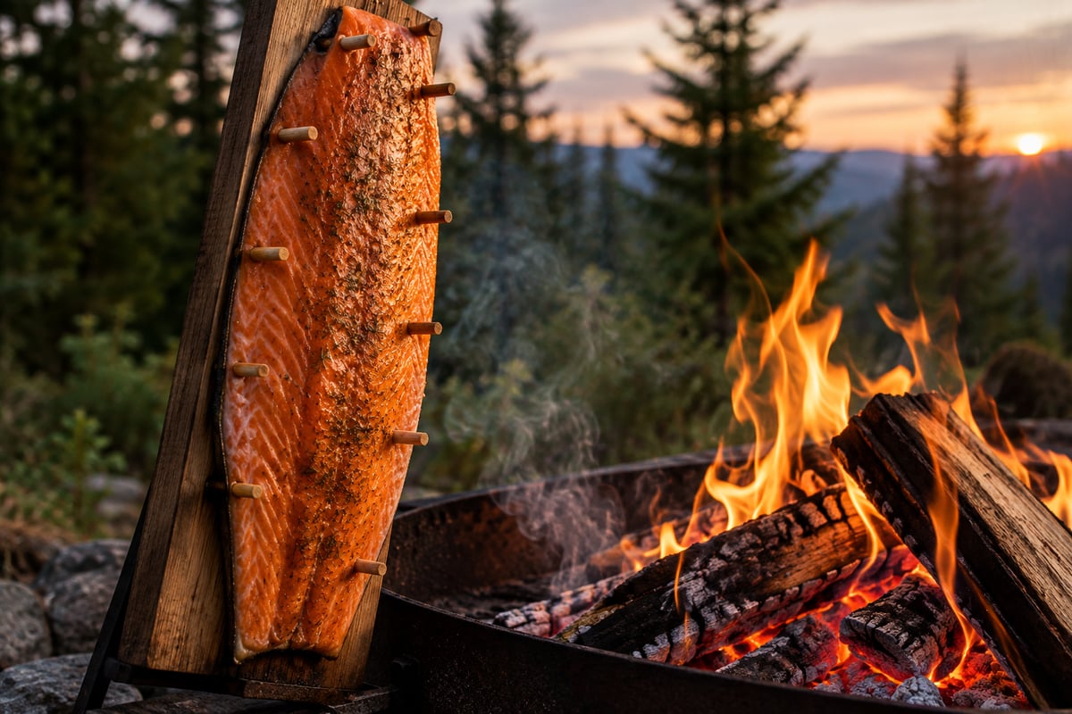 Lachsfilet auf einem schräg stehenden Holzbrett am offenen Buchenholzfeuer in der Abenddämmerung