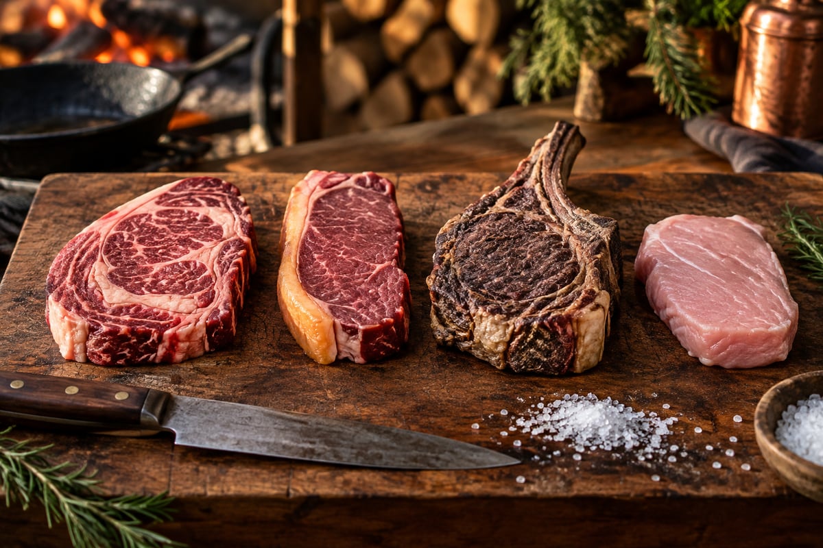 Vier rohe Rindfleischstücke nebeneinander: marmoriertes Ribeye, mageres Weidesteak, Dry Aged Steak am Knochen und helles Kalbfleisch