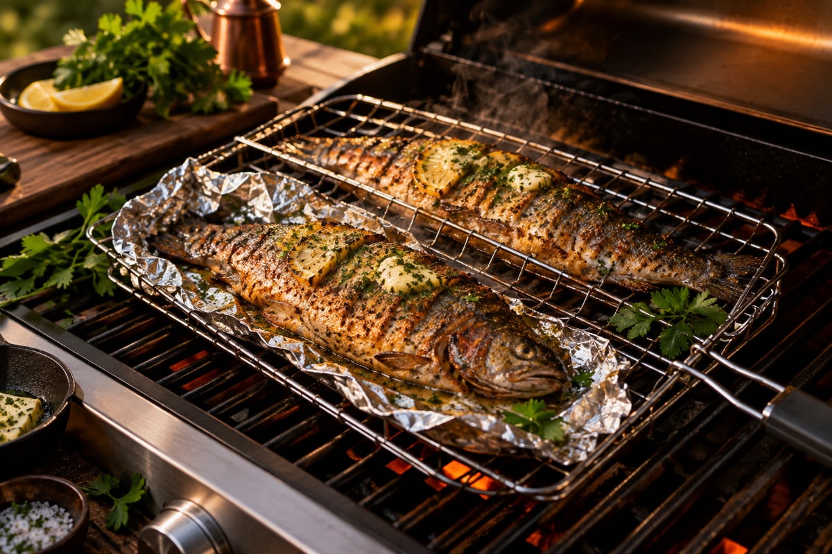 Zwei gegrillte Forellen mit Zitronenscheiben und Butter im Fischhalter auf dem Rost eines Gasgrills, eine liegt auf geöffneter Alufolie