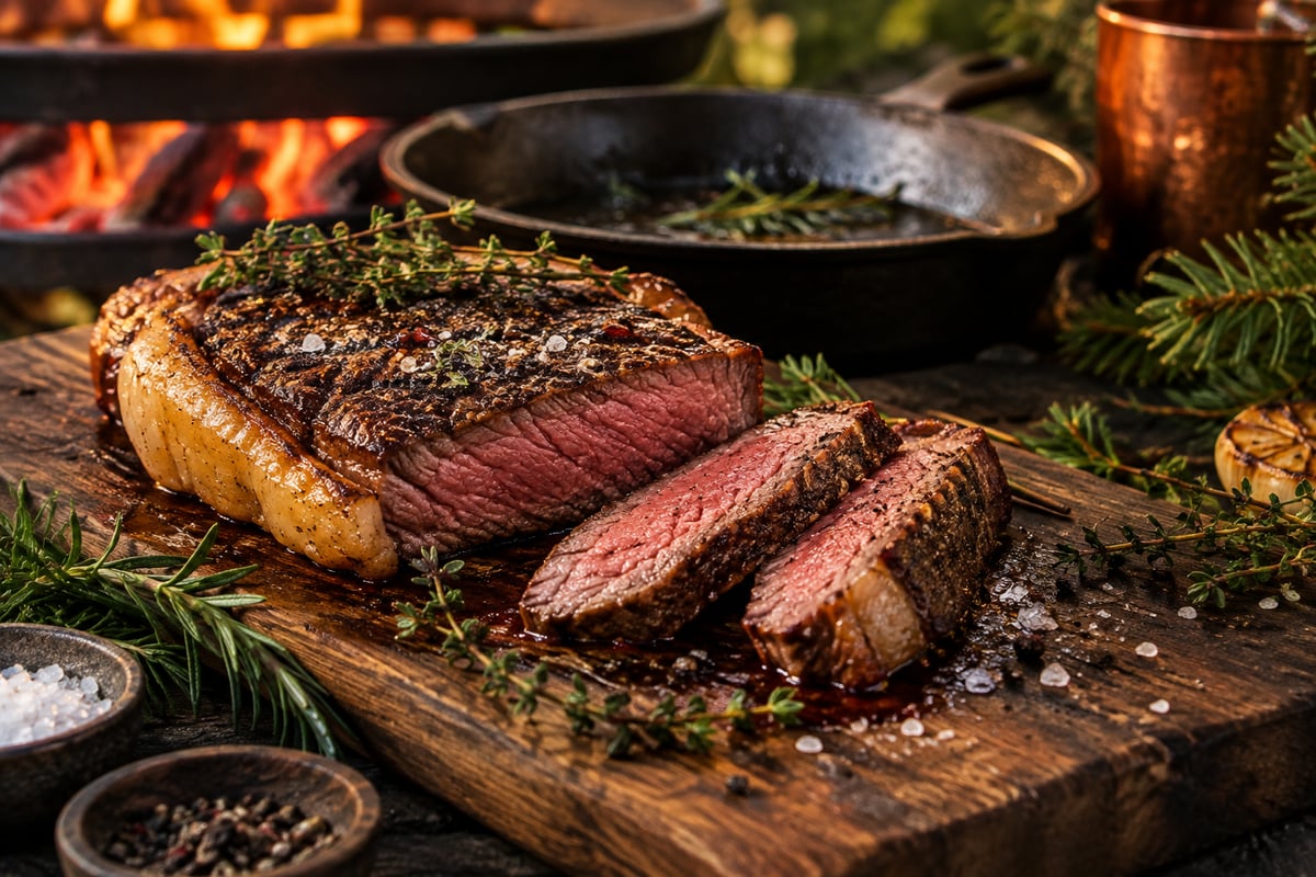 Gegrilltes Rumpsteak vom Weiderind mit gelblichem Fettrand, angeschnitten mit rosa Kern