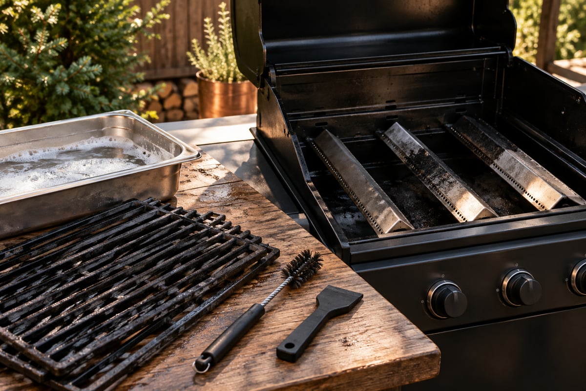 Gasgrill bei der Grundreinigung mit Kunststoffspachtel, Bürste und GN-Schale