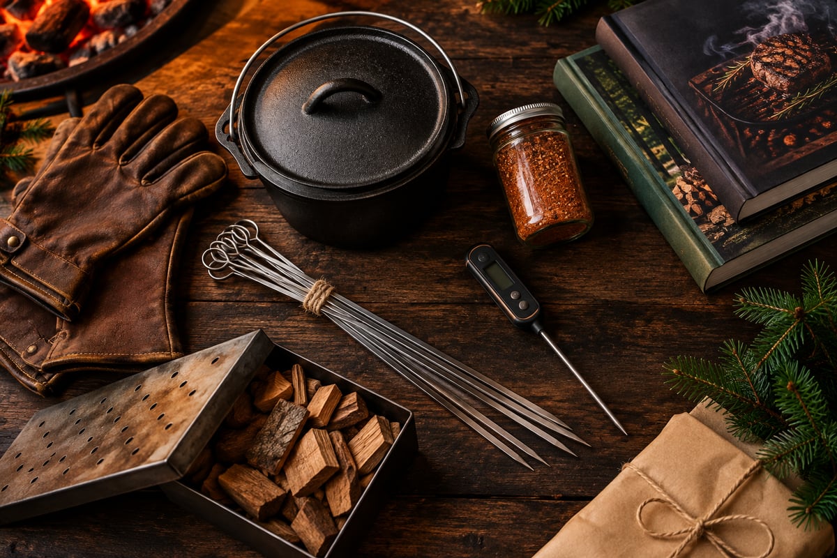 Grillzubehör als Geschenke auf dunklem Holz: Handschuhe, kleiner Dutch Oven, Spieße, Thermometer, Gewürz, Räucherbox und Bücher