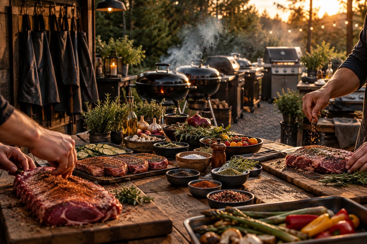 Arbeitstisch eines Grillkurses mit vorbereitetem Fleisch, Gemüse und Gewürzen, dahinter mehrere Grills
