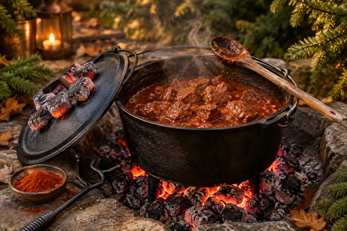 Dutch Oven mit Briketts auf dem Deckel und offenem Topf voller dunkelrotem Rindergulasch im Garten