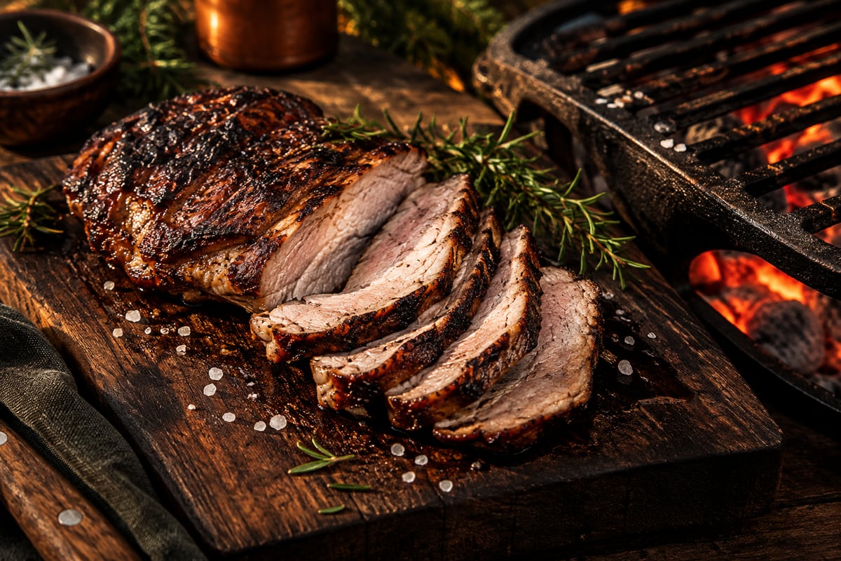 Gegrillte Ibérico-Presa in Scheiben mit dunkler Kruste und feiner Marmorierung auf einem Holzbrett