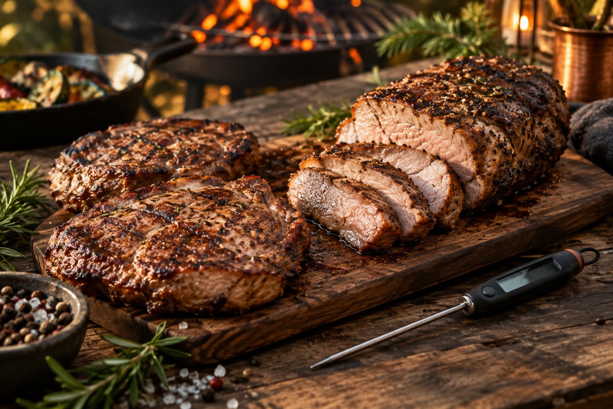 Gegrillte Schweinenackensteaks und ein angeschnittener Nackenbraten auf einem Holzbrett, daneben ein Fleischthermometer