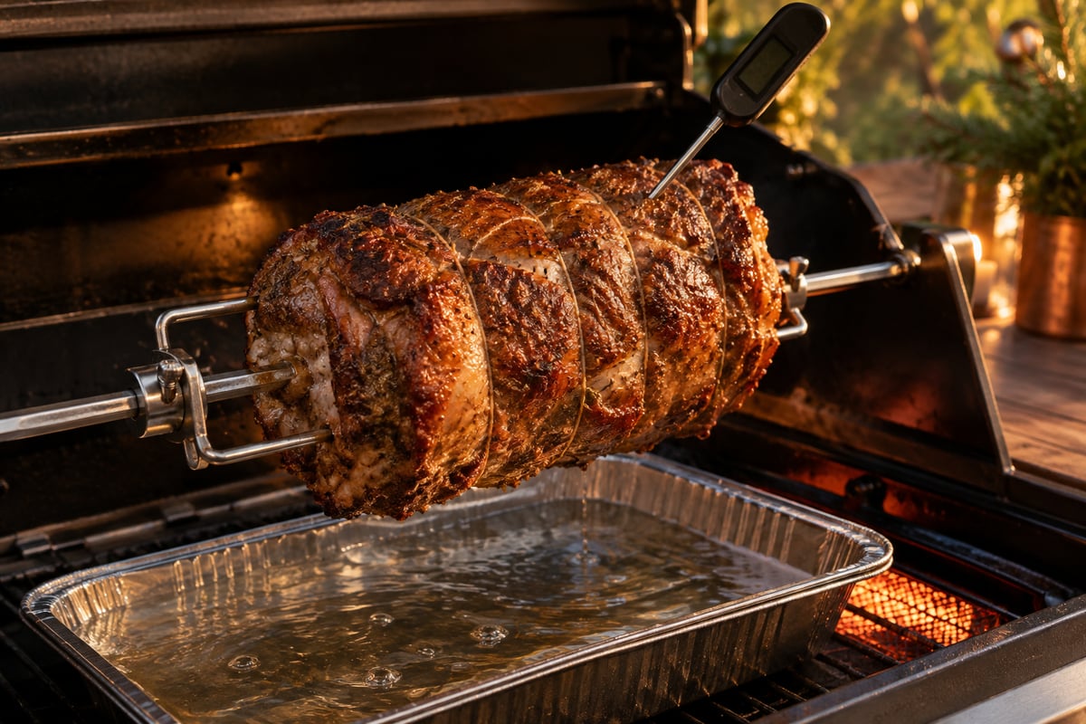 Gerollter Spießbraten am Drehspieß mit Thermometerfühler in der dicksten Stelle