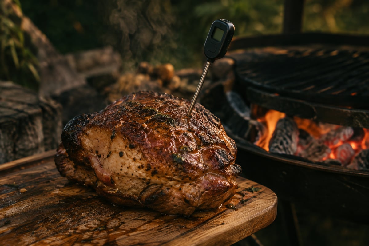 Fleischthermometer steckt in einem gegrillten Schweinenacken auf einem Holzbrett neben dem Grill