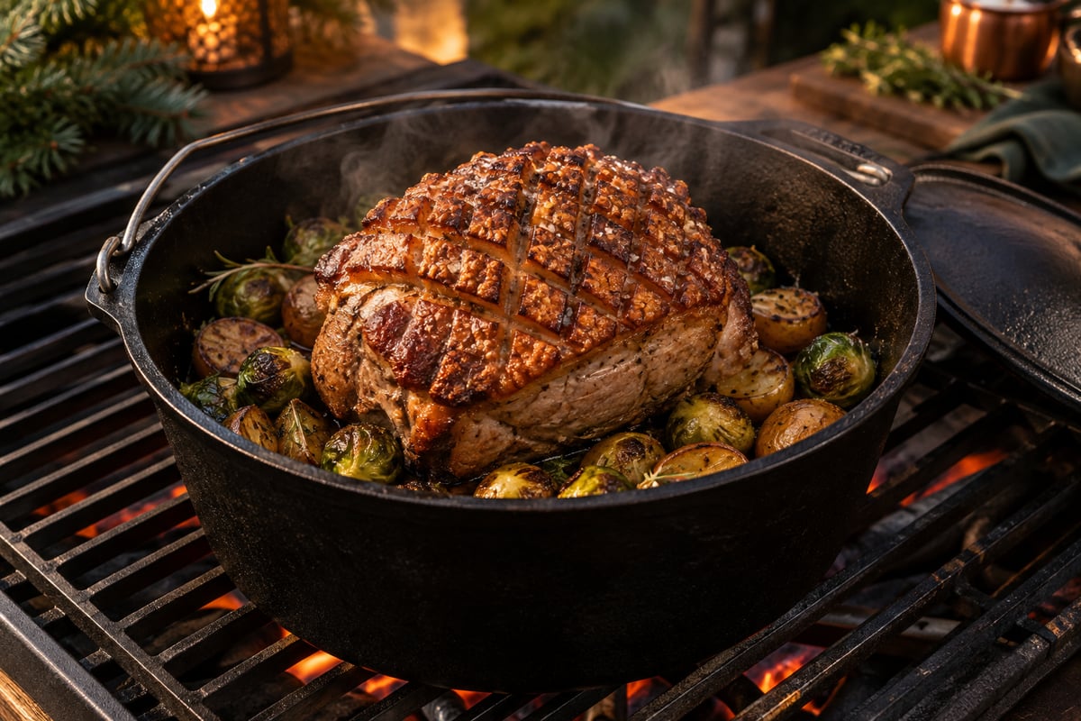 Krustenbraten mit knuspriger Schwarte im offenen Dutch Oven auf dem Grill, mit Kartoffeln und Rosenkohl