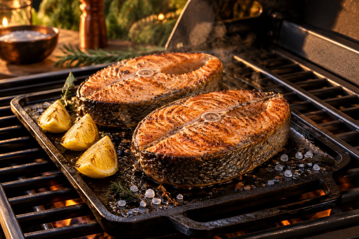 Zwei Lachssteaks mit Mittelgräte auf einer kleinen Gusseisen-Platte auf dem Gasgrillrost, daneben Zitronenspalten