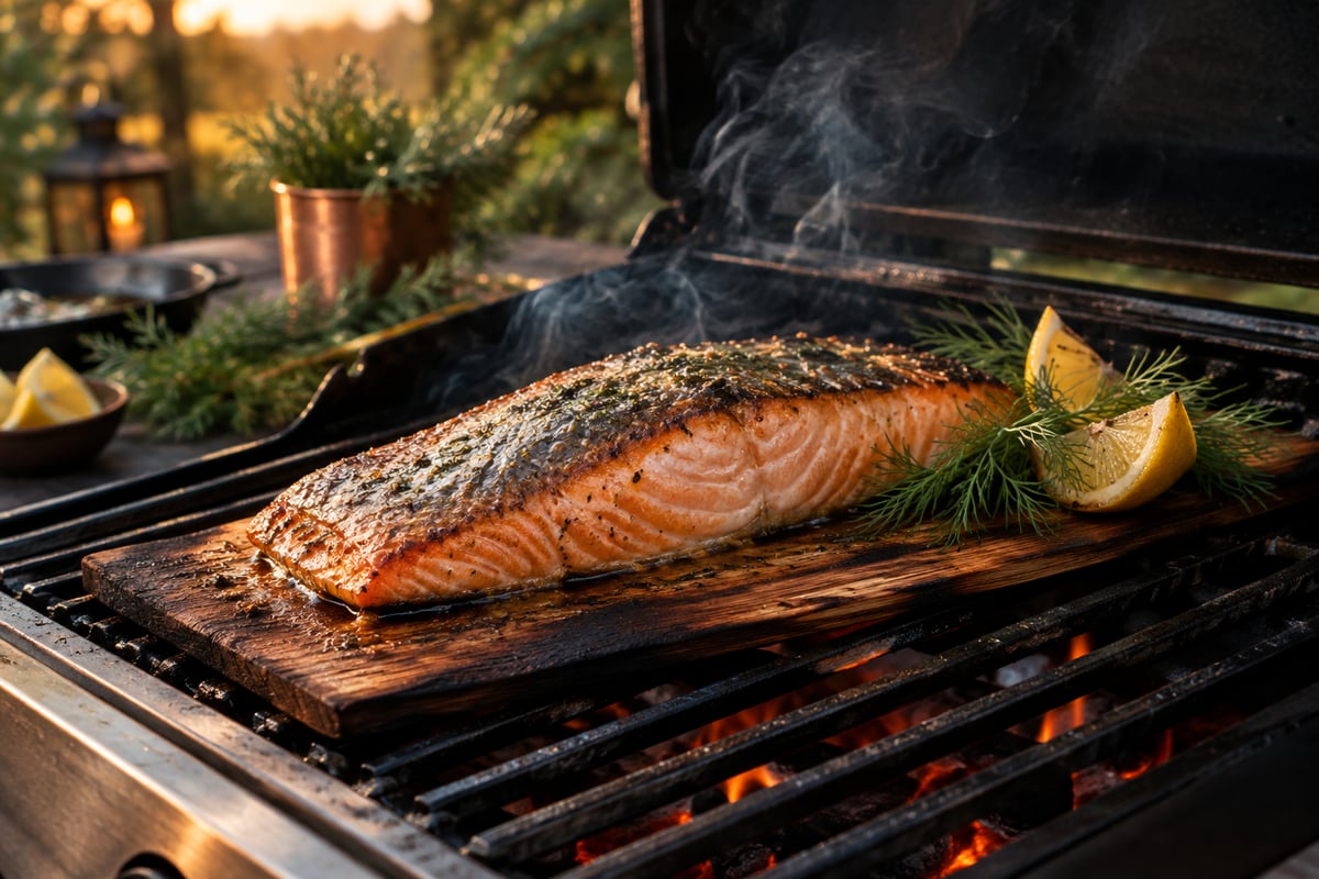 Lachsfilet auf einem leicht angekohlten, rauchenden Zedernholzbrett auf dem Rost eines Gasgrills, daneben Zitrone und Dill