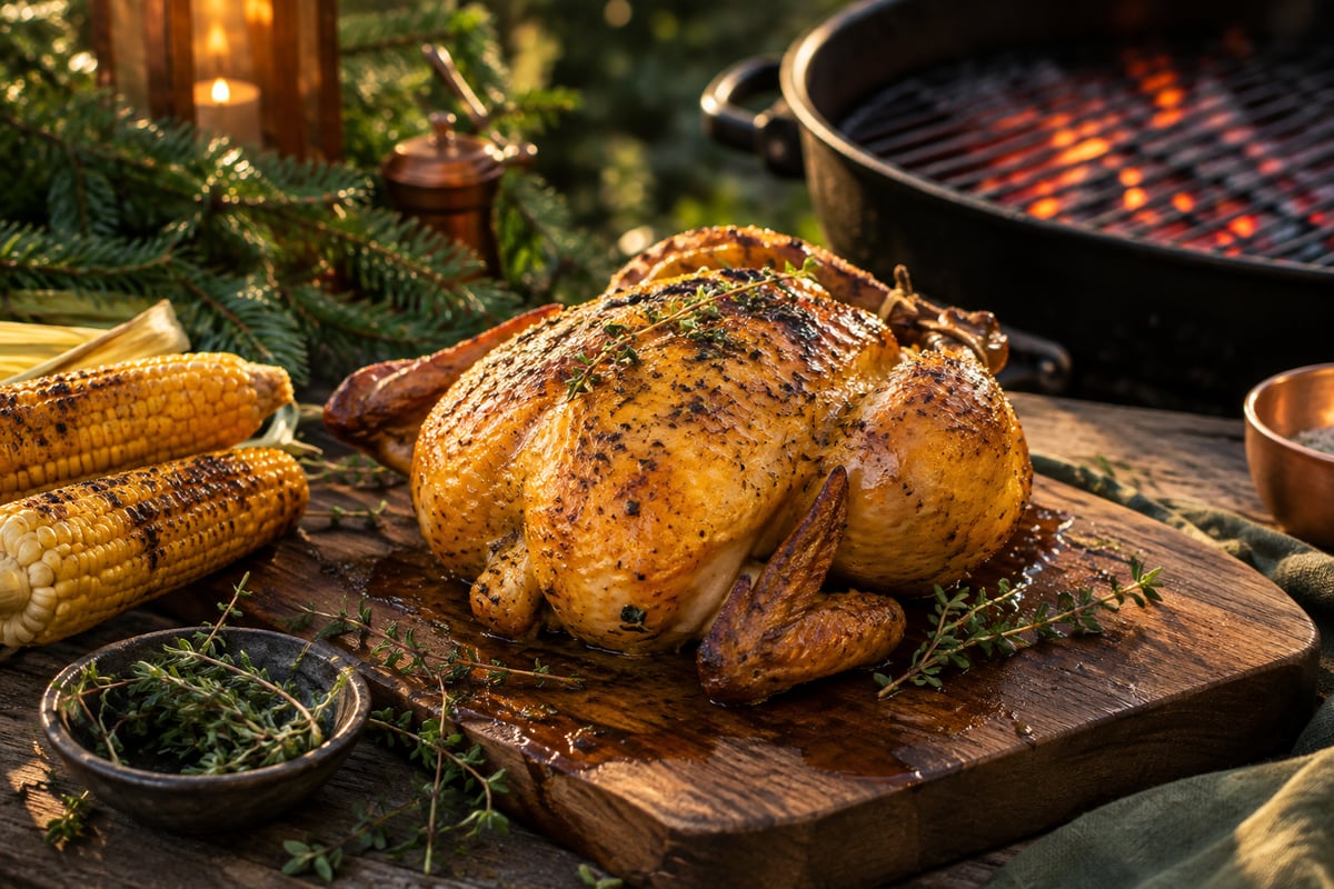 Ganzes gegrilltes Maishähnchen mit goldgelber, knuspriger Haut auf einem Holzbrett