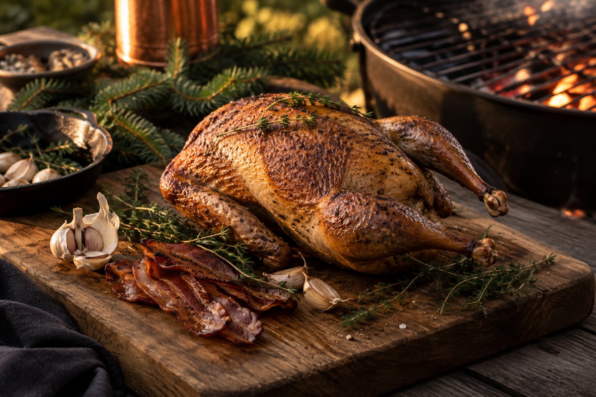Ganzes gegrilltes Perlhuhn mit goldbrauner Haut, Thymian und Knoblauch auf einem Holzbrett