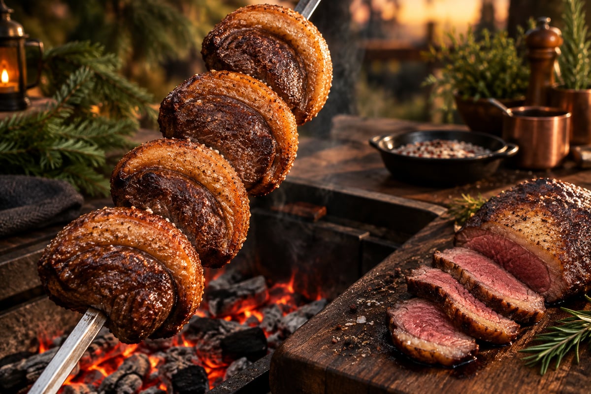 Gegrillte Picanha-Scheiben am Spieß über Glut, daneben angeschnittene Picanha mit rosa Kern