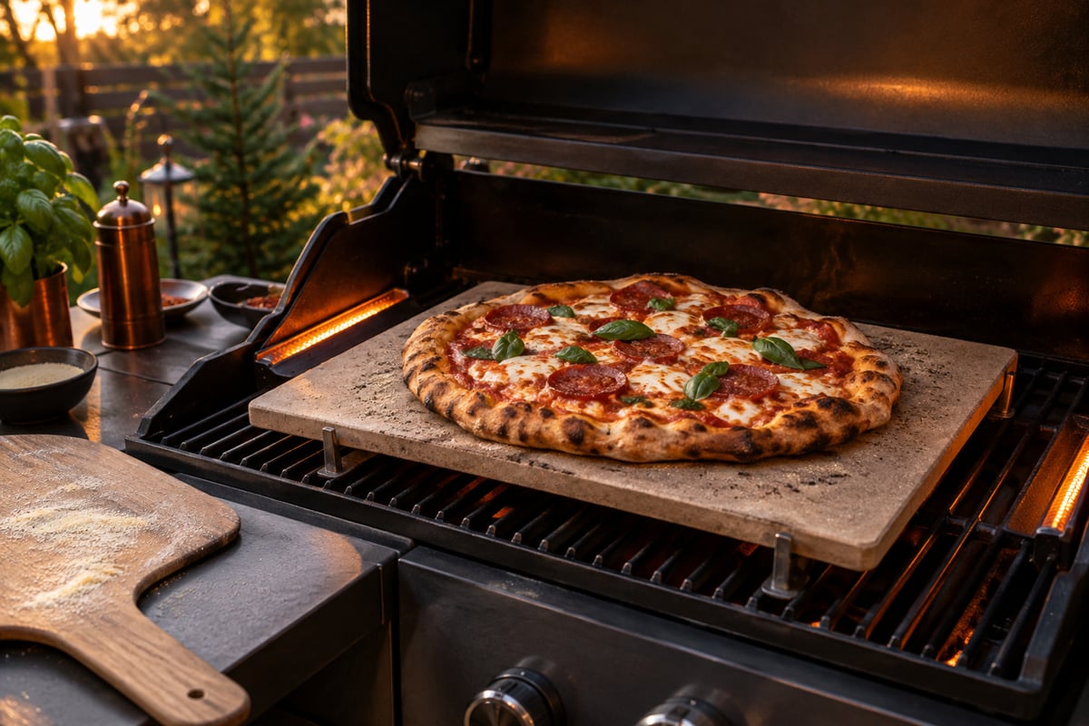 Pizza auf einem erhöhten Pizzastein im offenen Gasgrill