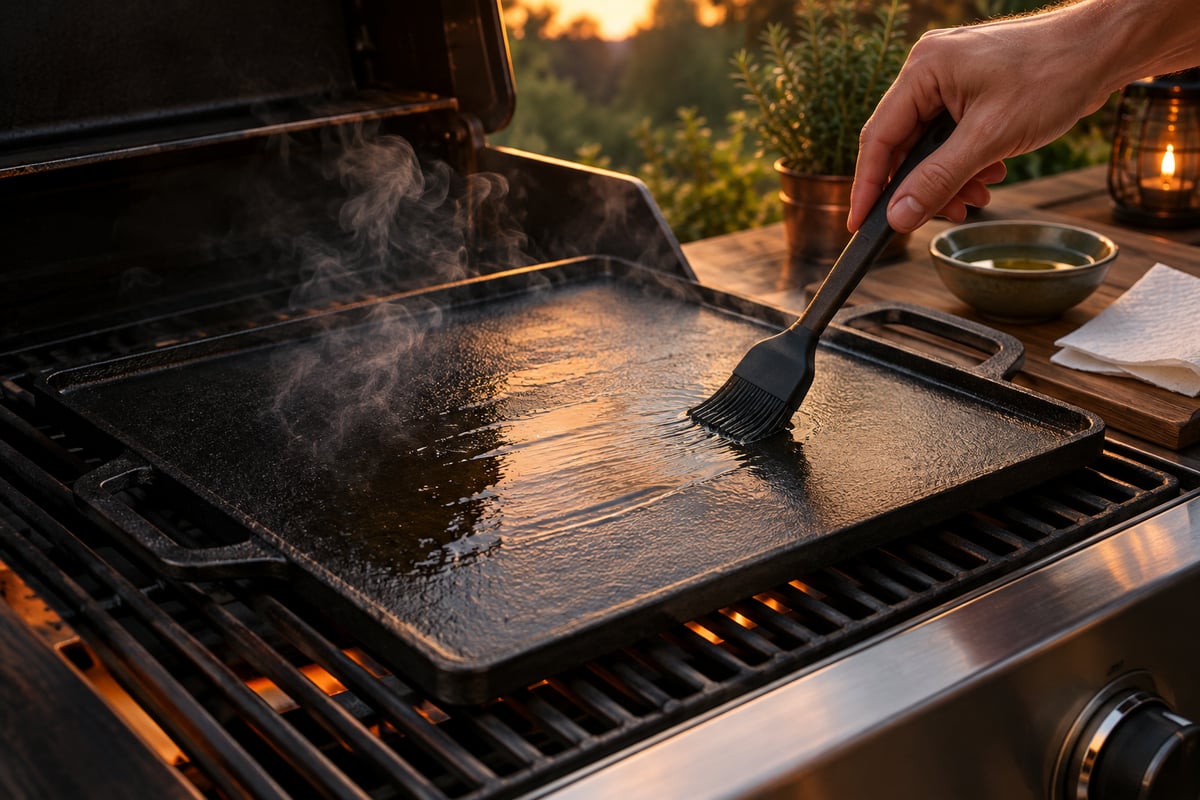 Gusseisen-Plancha auf dem Gasgrill wird dünn mit Öl eingepinselt und eingebrannt