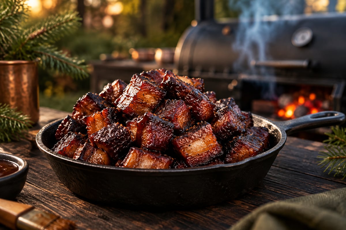 Glasierte Pork Belly Burnt Ends in einer gusseisernen Pfanne vor einem Smoker