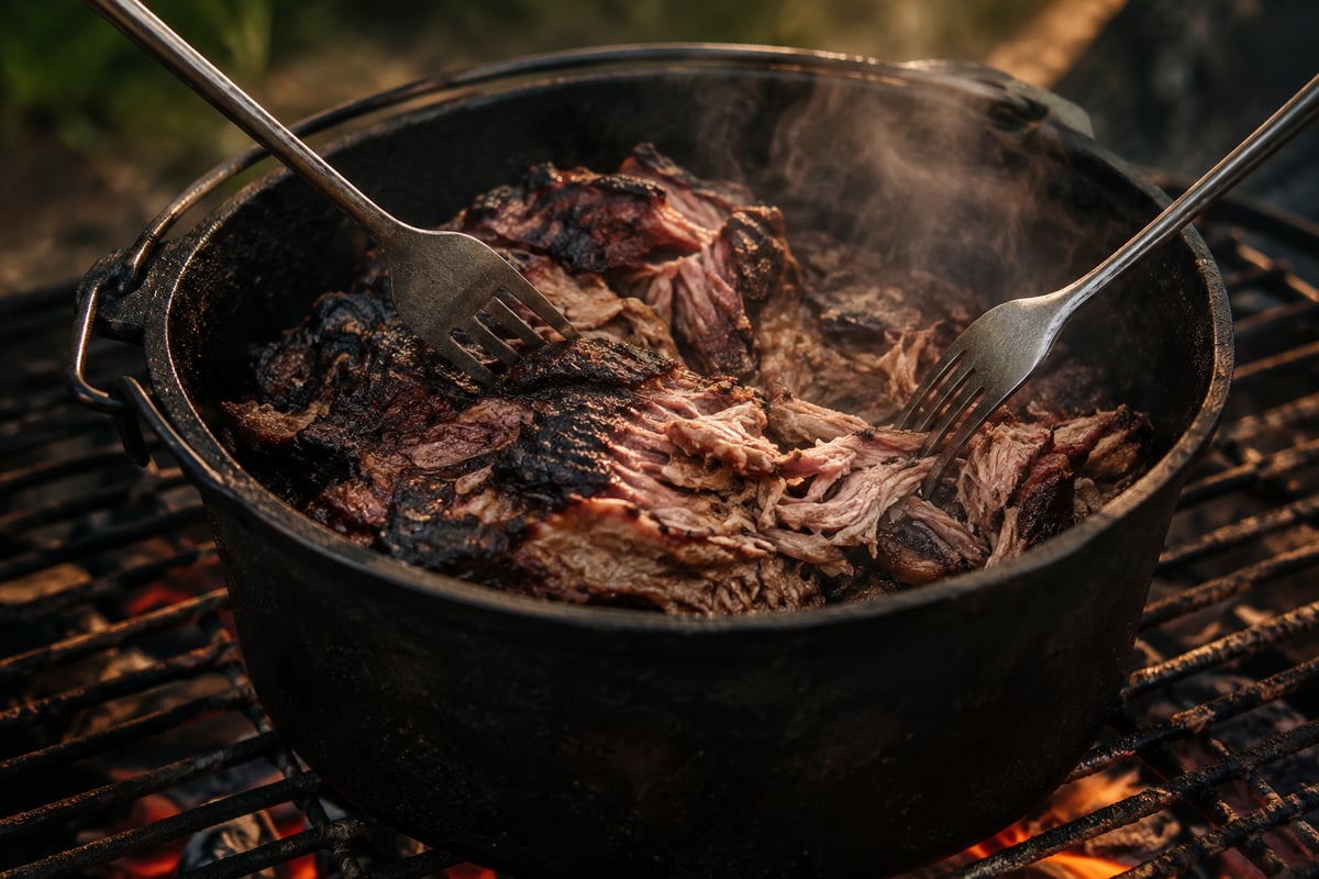 Pulled Pork wird mit zwei Gabeln im Dutch Oven auf dem Grillrost zerpflückt