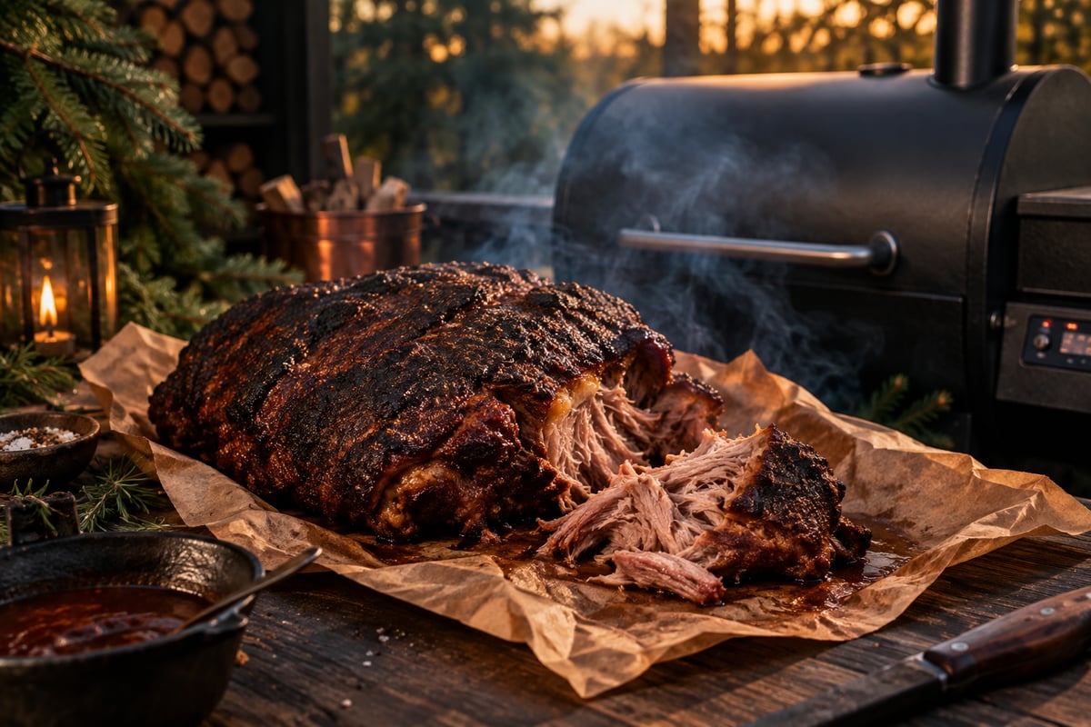 Geräucherte Schweineschulter mit dunkler Kruste auf Metzgerpapier neben einem Pelletgrill, ein Stück bereits gezupft