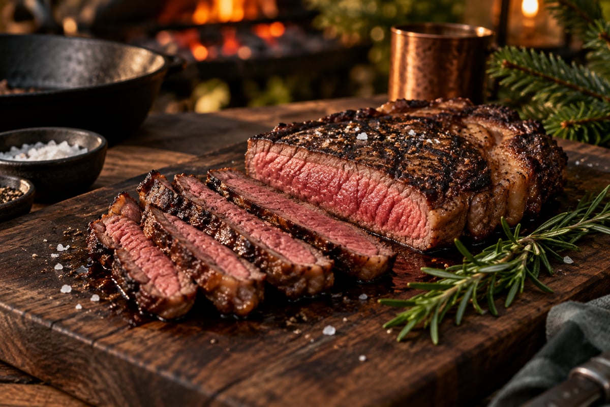 Dickes, angeschnittenes Steak mit gleichmäßig rosa Kern und dunkler Kruste auf einem Holzbrett