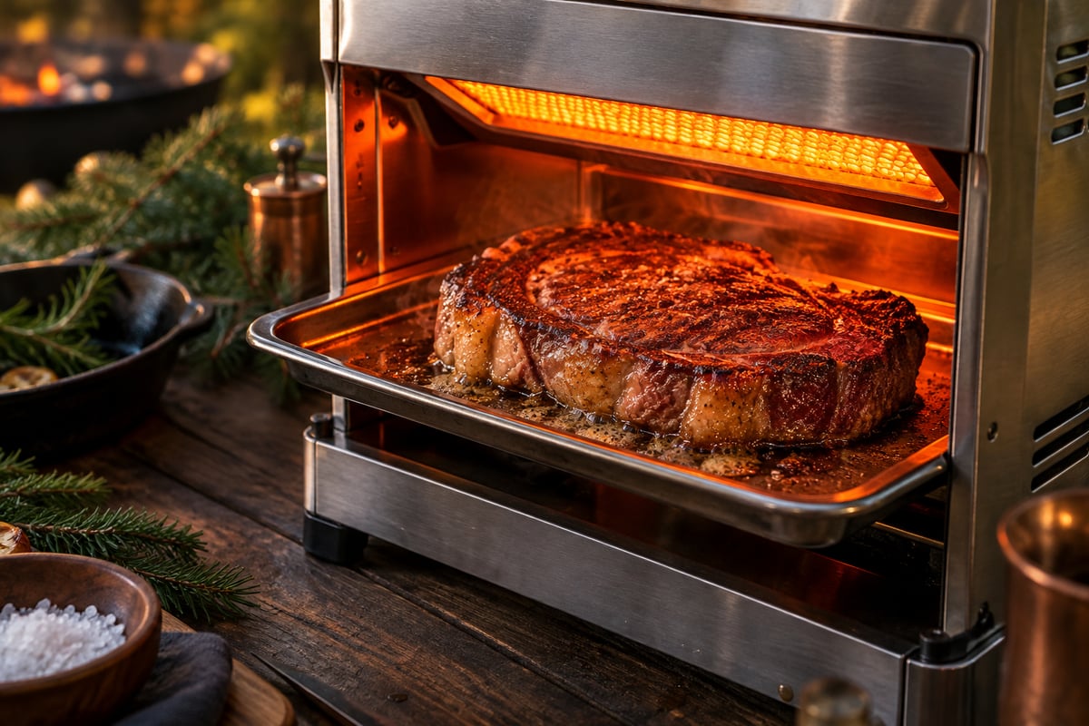 Ribeye-Steak auf einem Einschub in einem Oberhitzegrill, darüber glüht der Brenner orange