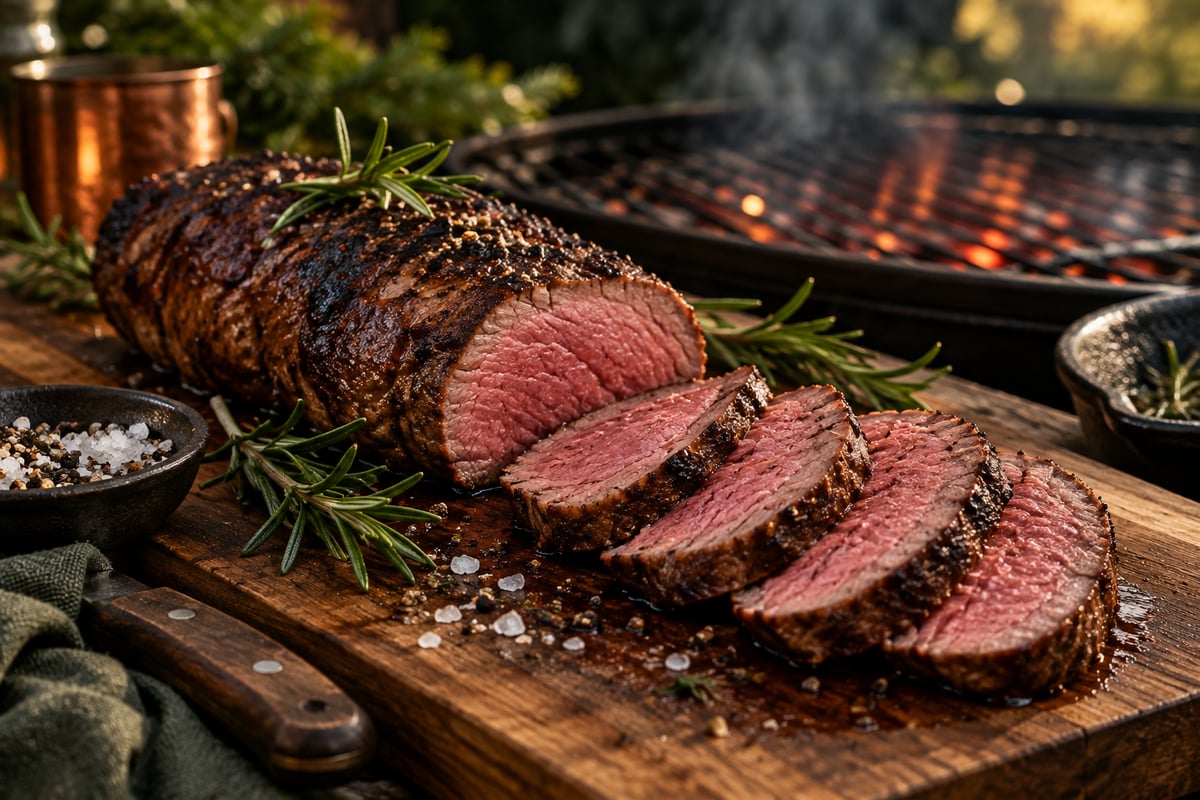 Gegrilltes Rinderfilet am Stück, angeschnitten mit rosa Kern auf einem Holzbrett