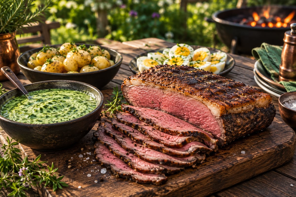 Gegrilltes Roastbeef, dünn aufgeschnitten mit rosa Kern, daneben Grüne Soße, Eier und Kartoffeln