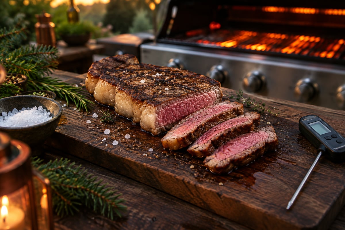Aufgeschnittenes Rumpsteak mit Fettrand, innen rosa medium rare, auf einem Holzbrett mit Thermometer und Salz