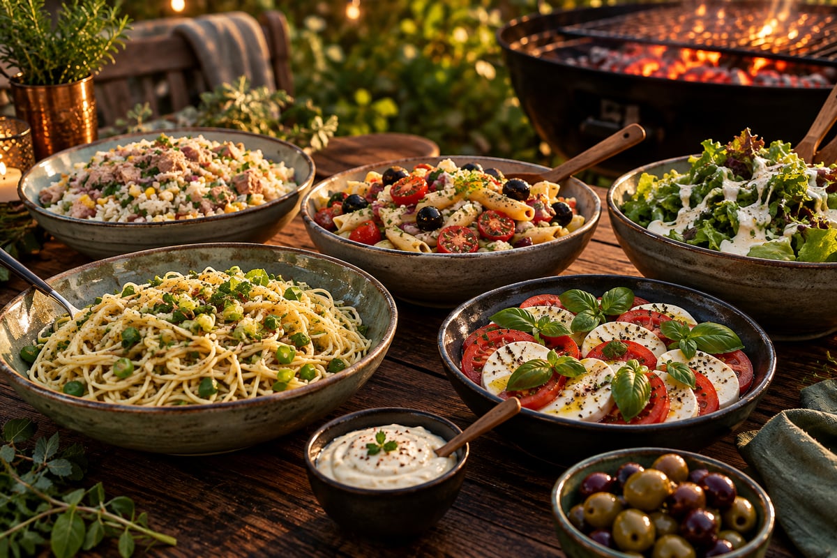 Gartentisch am Grillabend mit Spaghetti-Salat, Nudelsalat, Tomate Mozzarella, Reis-Thunfisch-Salat, grünem Salat, Aioli und Oliven