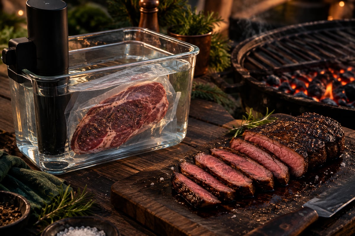 Steak im Vakuumbeutel im Sous-vide-Wasserbad und daneben angegrillt mit gleichmäßig rosa Anschnitt