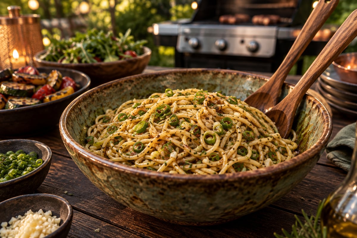 Große Schüssel Spaghettisalat ohne Mayo mit Frühlingszwiebeln und Knoblauch auf dem Gartentisch