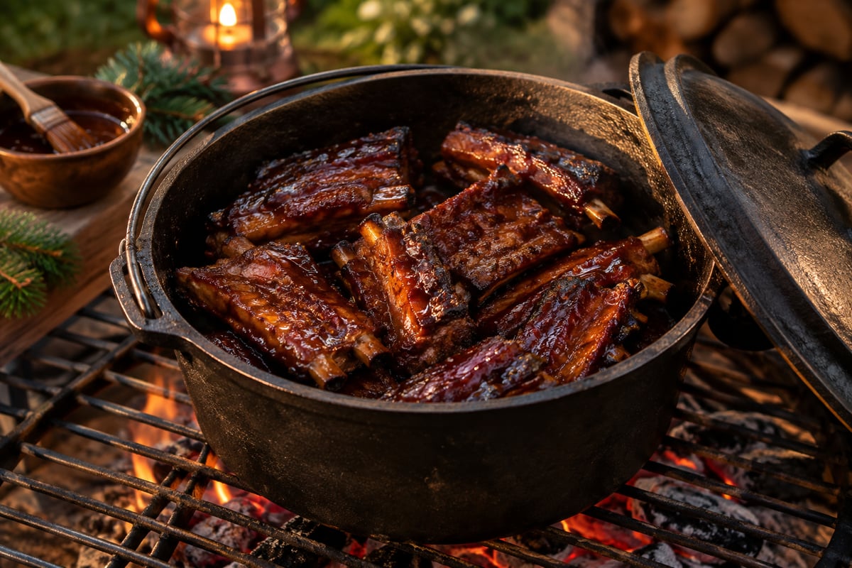 Offener gusseiserner Dutch Oven mit glasierten Spare Ribs in Stücken, der Deckel lehnt daneben