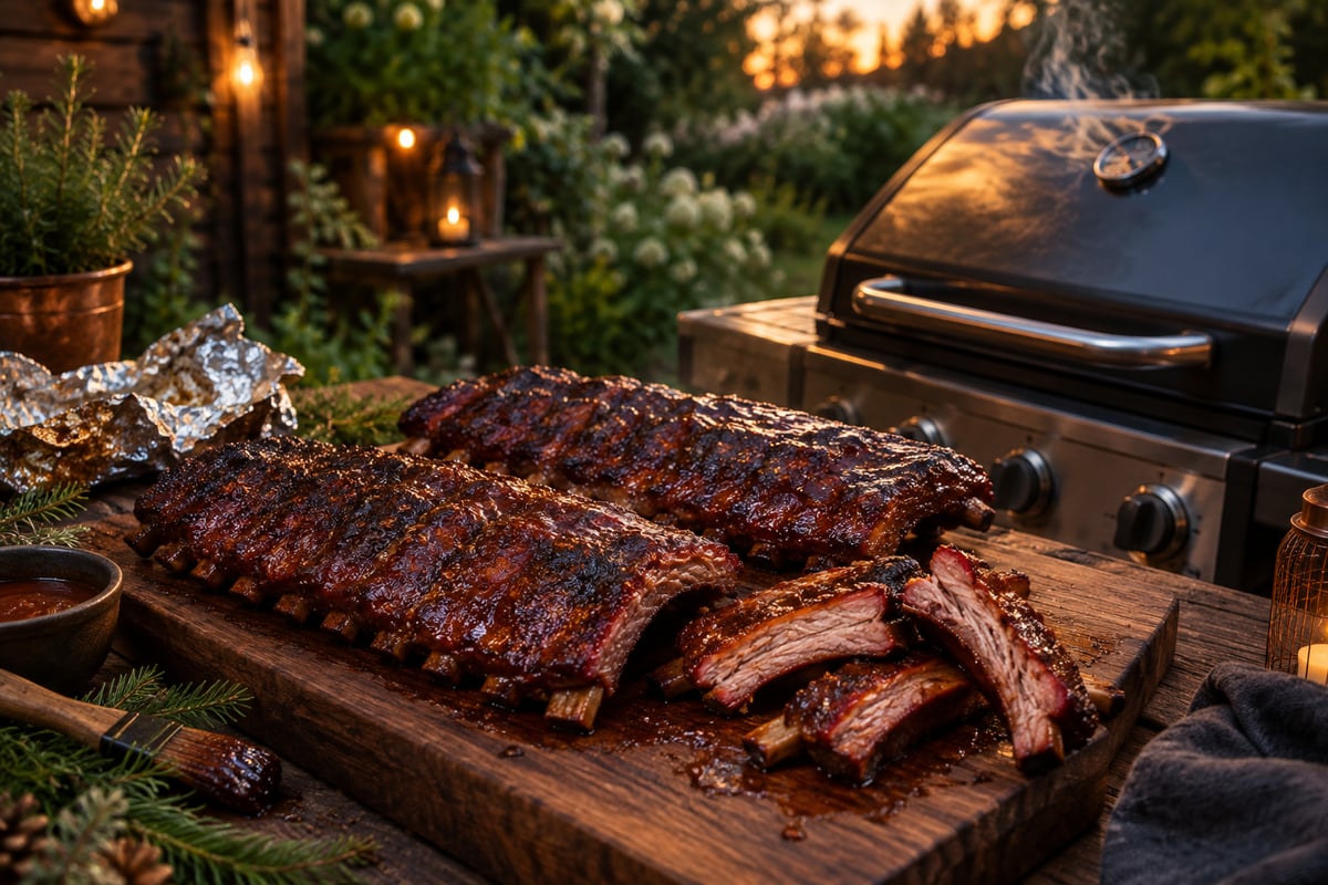 Glasierte Spare Ribs mit dunkler Kruste auf einem Holzbrett neben dem Gasgrill
