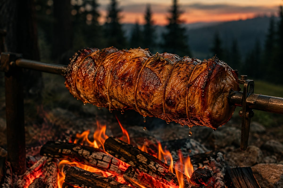 Gebundener Spießbraten mit knuspriger Kruste dreht sich am Spieß über offenem Holzfeuer