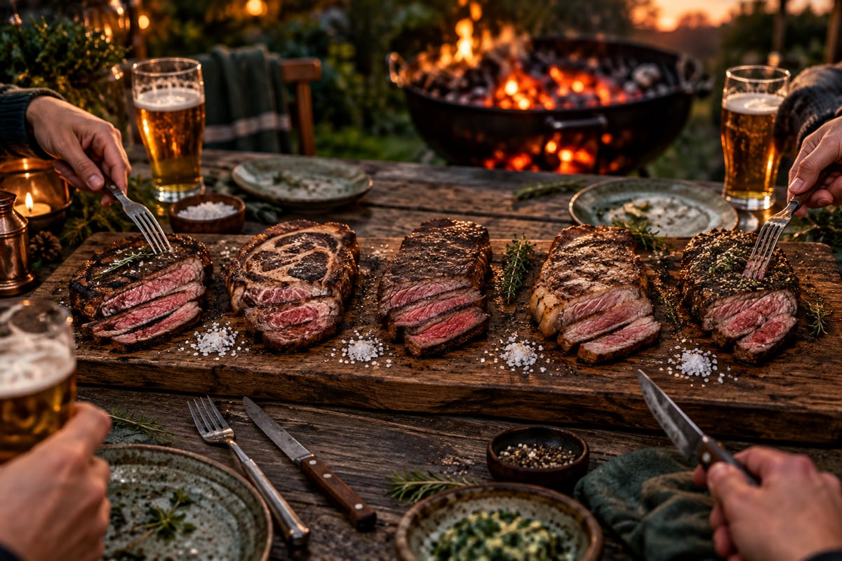 Fünf verschiedene, aufgeschnittene Steaks nebeneinander auf einem langen Holzbrett bei einem Grillabend mit Freunden