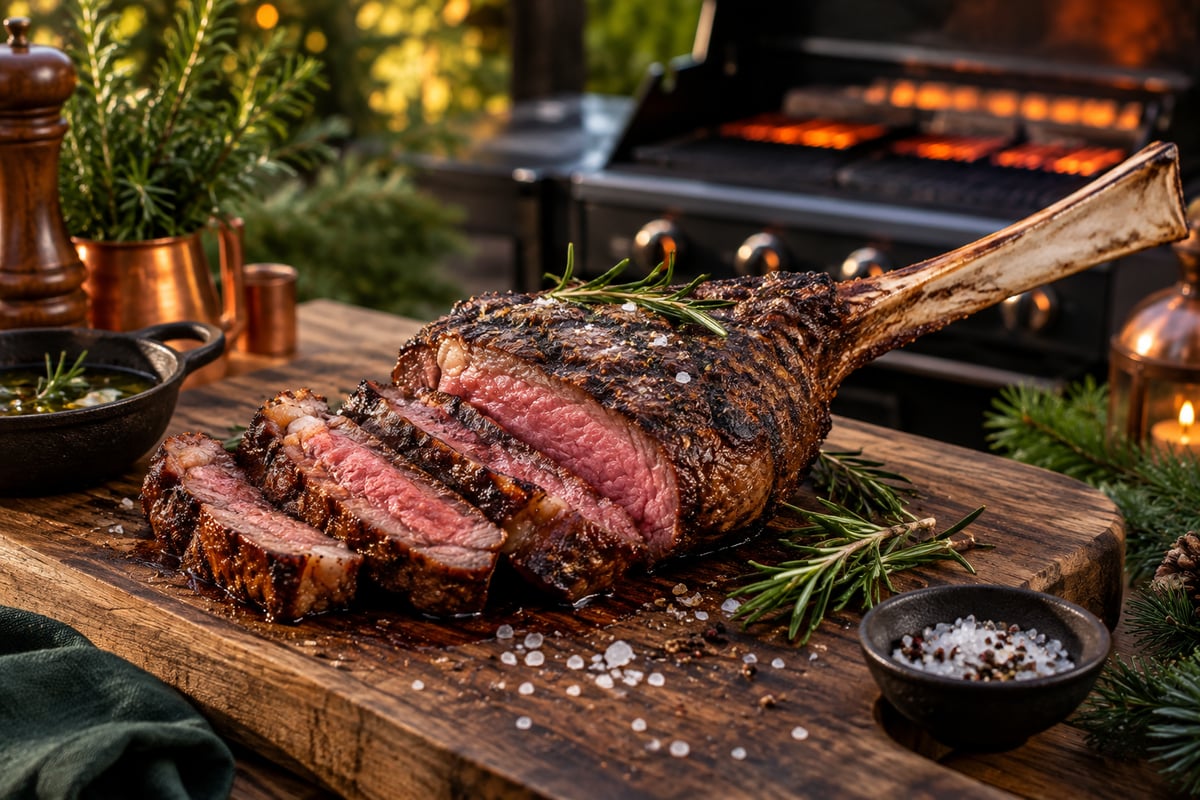 Gegrilltes Tomahawk Steak mit langem Knochen, angeschnitten mit rosa Kern auf einem Holzbrett