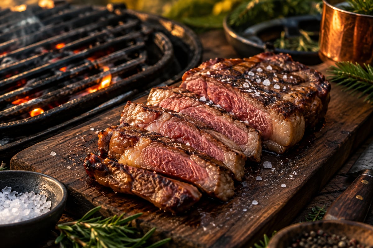 Gegrilltes, stark marmoriertes Wagyu-Steak in Streifen geschnitten mit rosa Kern