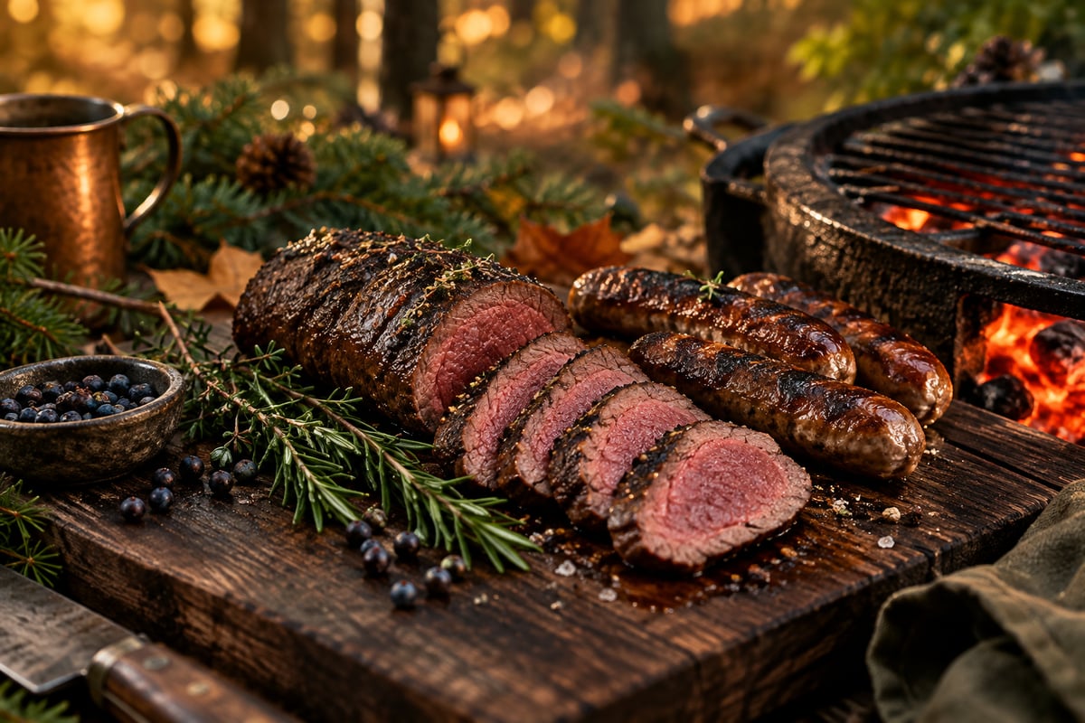 Rosa gegrillter Rehrücken in Scheiben und Wildschweinbratwürste auf einem Holzbrett neben der Glut