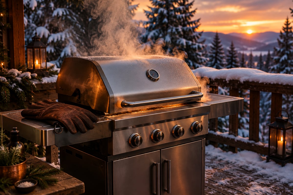 Geschlossener Gasgrill auf einer verschneiten Terrasse in der Abenddämmerung, Rauch steigt auf, Tannen im Hintergrund