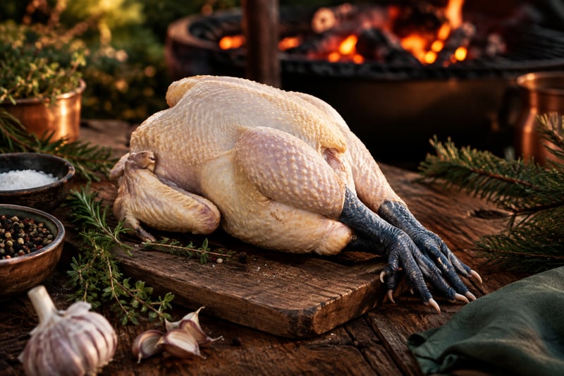 Rohes ganzes Bresse-Huhn mit blauen Beinen auf einem Holztisch