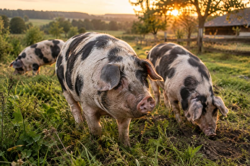 Schwarz gescheckte Bunte Bentheimer Schweine auf der Weide
